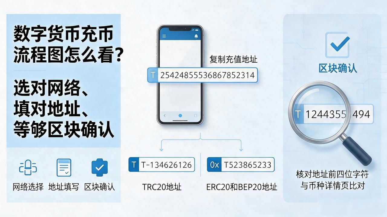 数字货币充币流程图怎么看？选对网络、填对地址、等够区块确认